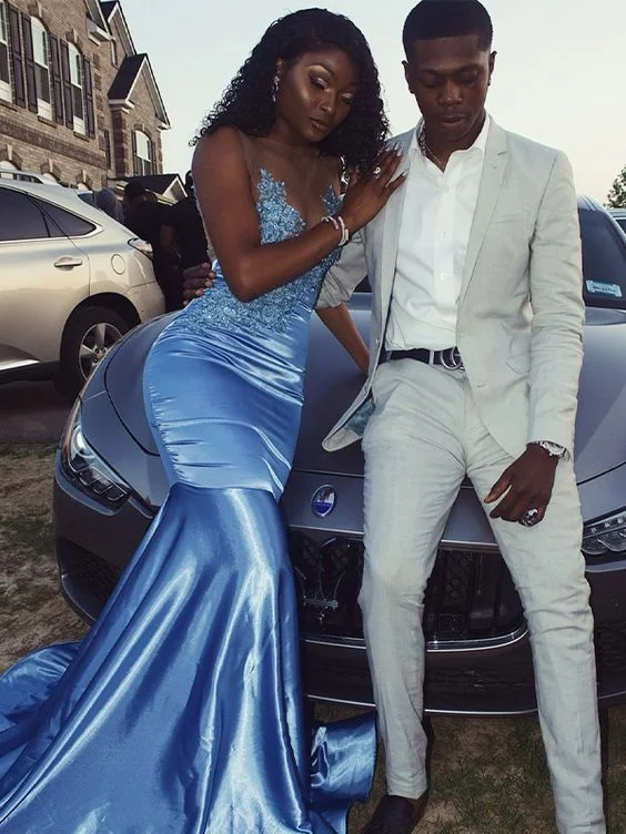 Black Girl Prom Dresses Mermaid Long Blue Satin Applique Scoop Sleeveless Prom Dress,DS4879 Black Girl Prom Dresses Mermaid Long Blue Satin Applique Scoop Sleeveless Prom Dress,DS4879