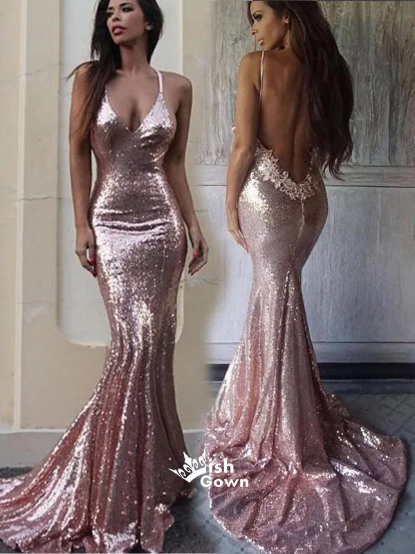 Mermaid Sparkly Pink Sequin Open Back Appliques Trim With Trailing Evening Long Prom Dresses, WGP087 Mermaid Sparkly Pink Sequin Open Back Appliques Trim With Trailing Evening Long Prom Dresses, WGP087