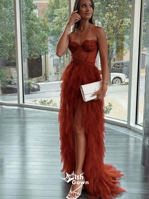 Rust Strapless Lace Sweetheart Thousand Layers Tulle Slits A-line Evening Gowns Prom Dresses, WGP224 Rust Strapless Lace Sweetheart Thousand Layers Tulle Slits A-line Evening Gowns Prom Dresses, WGP224