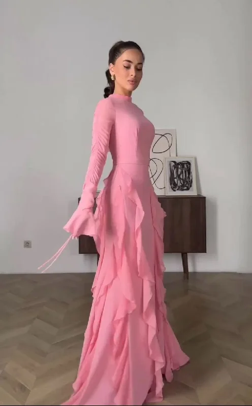 Pink Chiffon Ruffles Long Party Evening Dress cc2398
