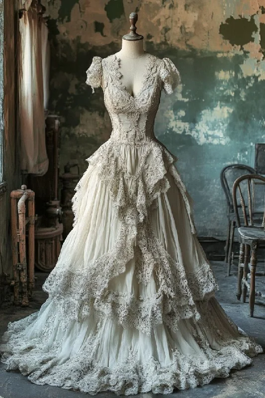 Vintage A Line Chiffon Lace Appliques Long Prom Dress,Ivory Wedding Dress Evening Dress cc2422 Vintage A Line Chiffon Lace Appliques Long Prom Dress,Ivory Wedding Dress Evening Dress cc2422