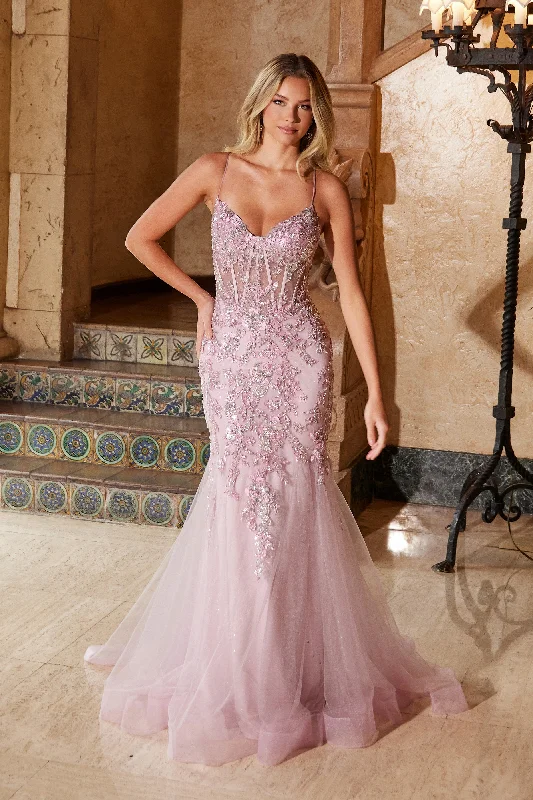 NOX ANABEL Q1541 Sequined Embroidered Applique Bodice Trumpet Dress