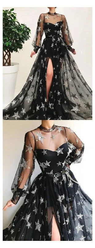 Black High Neck Long Prom Dress With Star Sparkly Long Sleeve Unique Prom Dress Evening Gowns cg17732 Black High Neck Long Prom Dress With Star Sparkly Long Sleeve Unique Prom Dress Evening Gowns cg17732