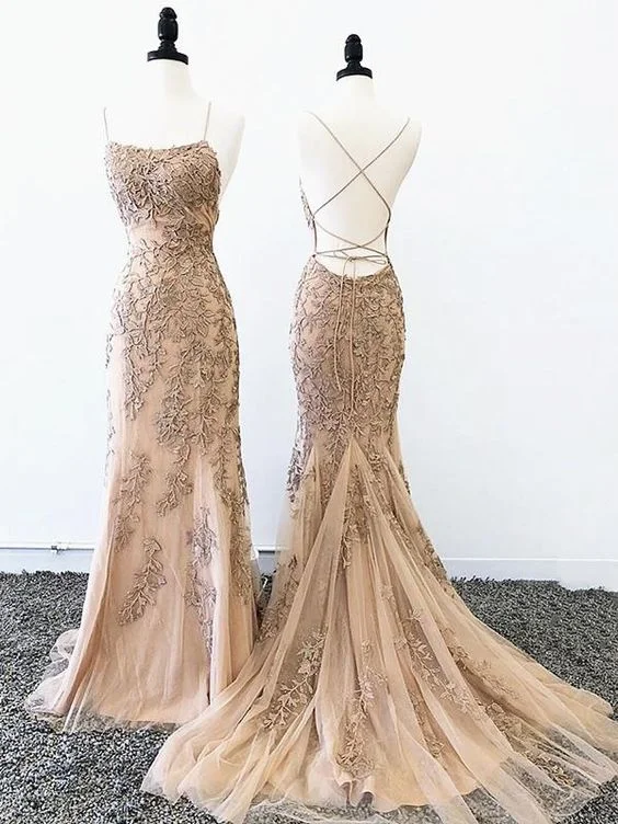 Backless Mermaid Champagne Lace Prom Dresses, Champagne Backless Mermaid Lace Formal Evening Dresses,DS4960 Backless Mermaid Champagne Lace Prom Dresses, Champagne Backless Mermaid Lace Formal Evening Dresses,DS4960