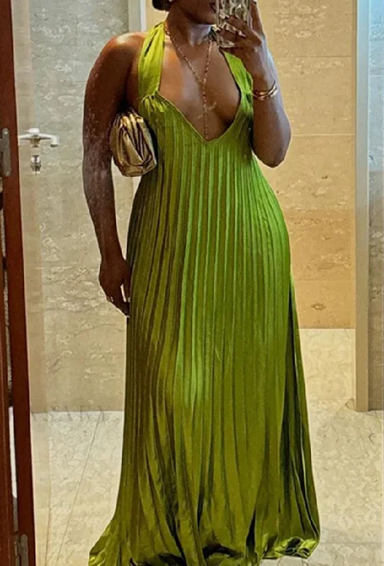 Unique Halter V Neck Pleated Floor Length Green Prom Dress,Party Evening Dress cc2406 Unique Halter V Neck Pleated Floor Length Green Prom Dress,Party Evening Dress cc2406