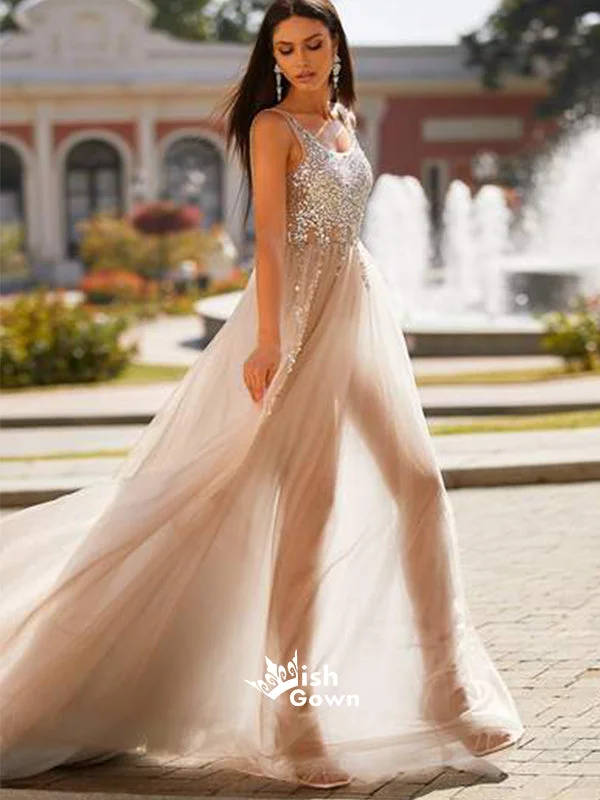 Silver Sparkly Sequins Top Light Grey Tulle V Neck Backless Charming Long Prom Dresses, WGP077 Silver Sparkly Sequins Top Light Grey Tulle V Neck Backless Charming Long Prom Dresses, WGP077