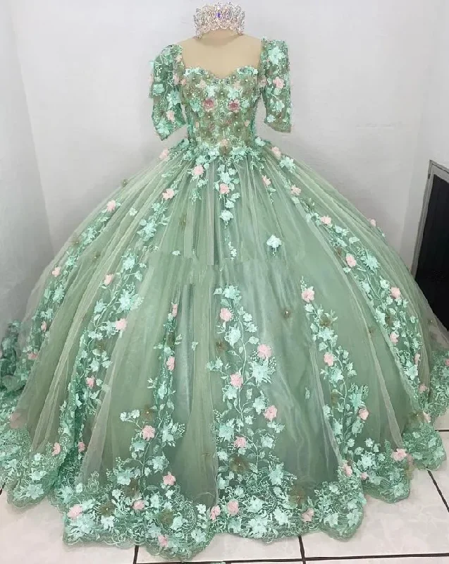 Vestido Verde Sage Princess Quinceanera Dresses with Sleeves Floral 3D Applique Leave vestidos de 15 años Prom Lace Up Vestido Verde Sage Princess Quinceanera Dresses with Sleeves Floral 3D Applique Leave vestidos de 15 años Prom Lace Up