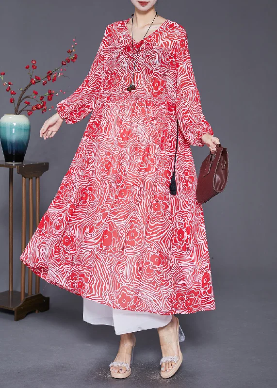 Slim Fit Red V Neck Print Chiffon Maxi Dresses Fall