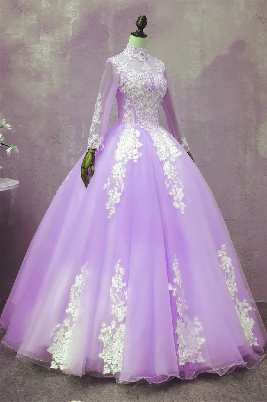 Light Purple Tulle Long Sleeves Applique Sweet 16 Gown, Beautiful Evening prom Dress Formal Dress cg17969 Light Purple Tulle Long Sleeves Applique Sweet 16 Gown, Beautiful Evening prom Dress Formal Dress cg17969