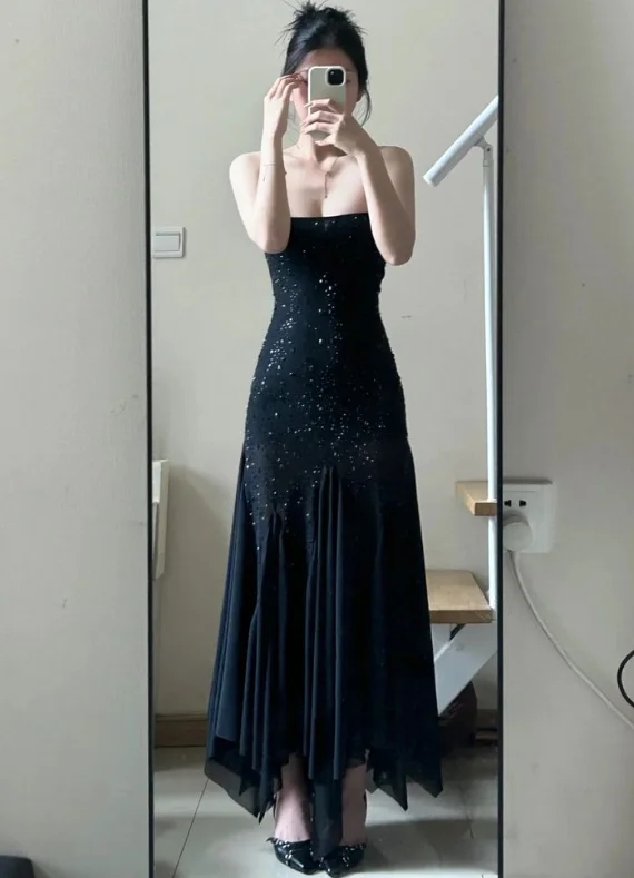 Sexy Black Rhinestone Mermaid Prom Dress Spaghetti Straps Chiffon Evening Dress cc2404 Sexy Black Rhinestone Mermaid Prom Dress Spaghetti Straps Chiffon Evening Dress cc2404