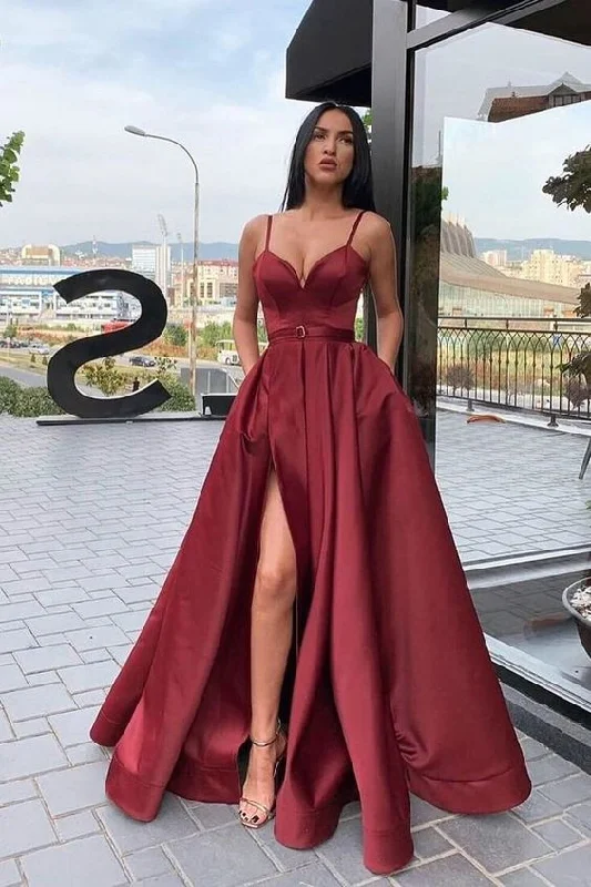Straps A-Line Maroon Long Prom Dress with Slit     cg18007