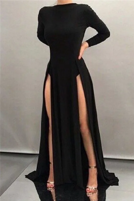 Prom Dresses,Black Sheath High-neck Front-splits Sleeves Long Sexy Evening Dresses cg18015 Prom Dresses,Black Sheath High-neck Front-splits Sleeves Long Sexy Evening Dresses cg18015