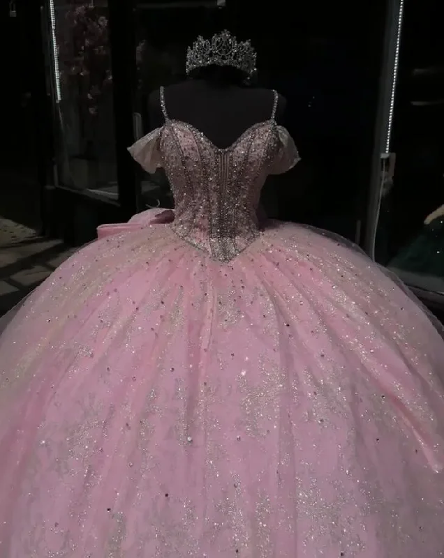 Pink Sparkly Princess Quinceanera Dresses with Bow Mexican Crystal Beaded Off Shoulder vestidos de 15 quinceañera 2024 Pink Sparkly Princess Quinceanera Dresses with Bow Mexican Crystal Beaded Off Shoulder vestidos de 15 quinceañera 2024
