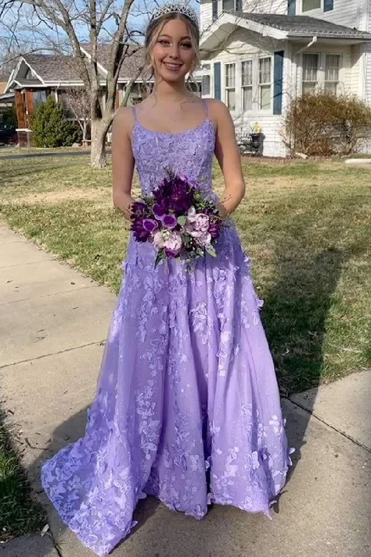 Spaghetti Straps Tulle Lace Appliques Evening Dress Lavender A Line Prom Party Dress cc2451 Spaghetti Straps Tulle Lace Appliques Evening Dress Lavender A Line Prom Party Dress cc2451
