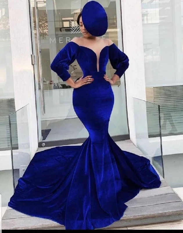 Royal Blue Velvet Mermaid Prom Dresses 3/4 Sleeve Sheer Neck Formal Evening Party Dress Dress ,DS4875 Royal Blue Velvet Mermaid Prom Dresses 3/4 Sleeve Sheer Neck Formal Evening Party Dress Dress ,DS4875