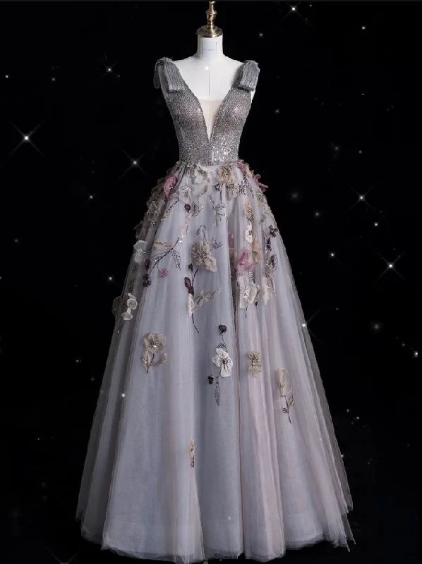 Charming Deep V Tulle Beded Appliques Ball Gown Gray A Line Prom Evening Dress cc2453 Charming Deep V Tulle Beded Appliques Ball Gown Gray A Line Prom Evening Dress cc2453