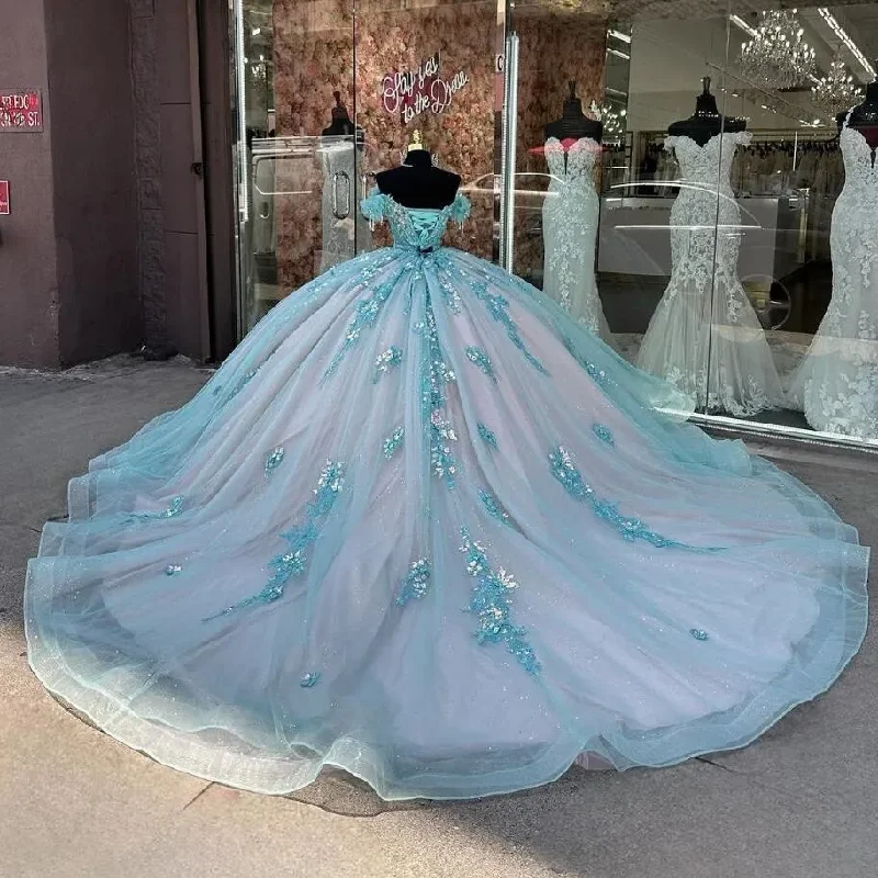Baby Blue Pink Princess Quinceanera Dresses 2025 Off Shoulder Floral Applique Corset Lace-up vestidos de 15 años quinceañeras Baby Blue Pink Princess Quinceanera Dresses 2025 Off Shoulder Floral Applique Corset Lace-up vestidos de 15 años quinceañeras