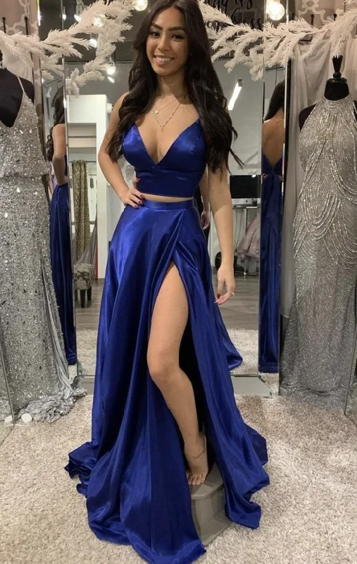 Blue v neck long A line prom dress evening dress    cg17948