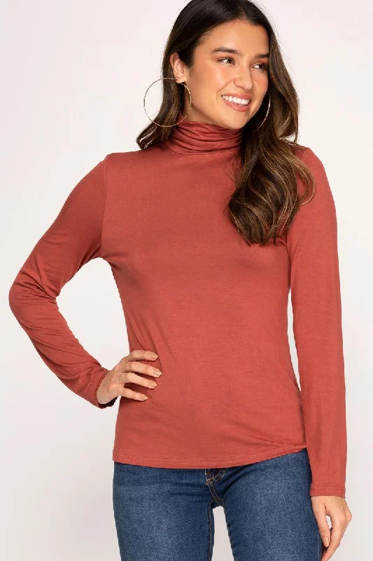 CINNAMON MOCK NECK LONG SLEEVES JERSEY KNIT TOP S8SS7590 Recycled Jersey Tee