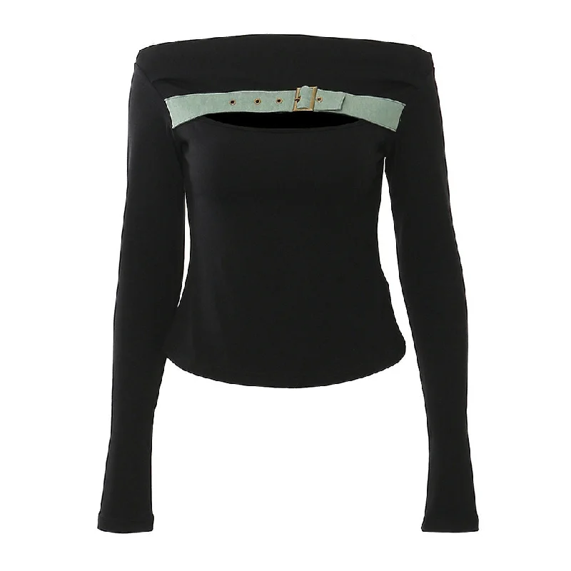 Rebellious Boat Neck Denim Buckle Split Cutout Long Sleeve Fitted Jersey Top Luxury Jersey Tee