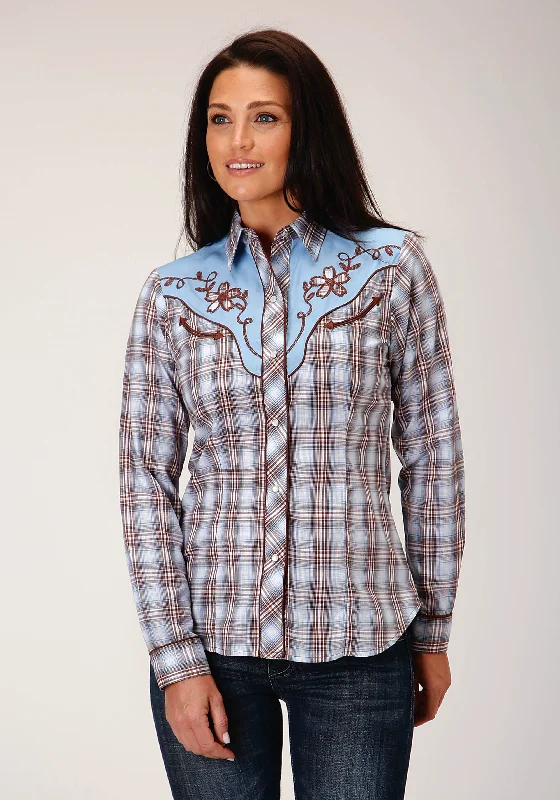 WOMENS LONG SLEEVE SNAP LIGHT BLUE CHOCOLATE WHITE PLAID WESTERN SHIRT Welt Pockets Slit Pockets WOMENS LONG SLEEVE SNAP LIGHT BLUE CHOCOLATE WHITE PLAID WESTERN SHIRT Welt Pockets Slit Pockets