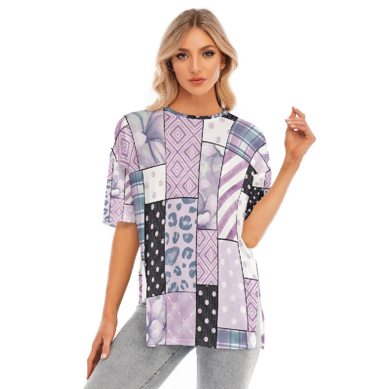 All-Over Print Women's Short Sleeves T-shirt With Hem Split Notch Collar Peter Pan Collar Cowl Neck All-Over Print Women's Short Sleeves T-shirt With Hem Split Notch Collar Peter Pan Collar Cowl Neck