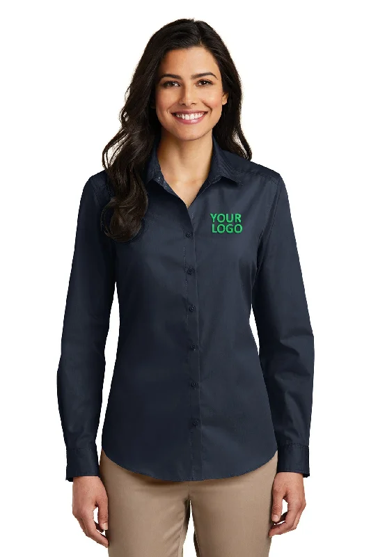 Port Authority Ladies Carefree Poplin Customized Shirts, River Blue Navy Zippered Front Buttoned Front Snap Front Port Authority Ladies Carefree Poplin Customized Shirts, River Blue Navy Zippered Front Buttoned Front Snap Front