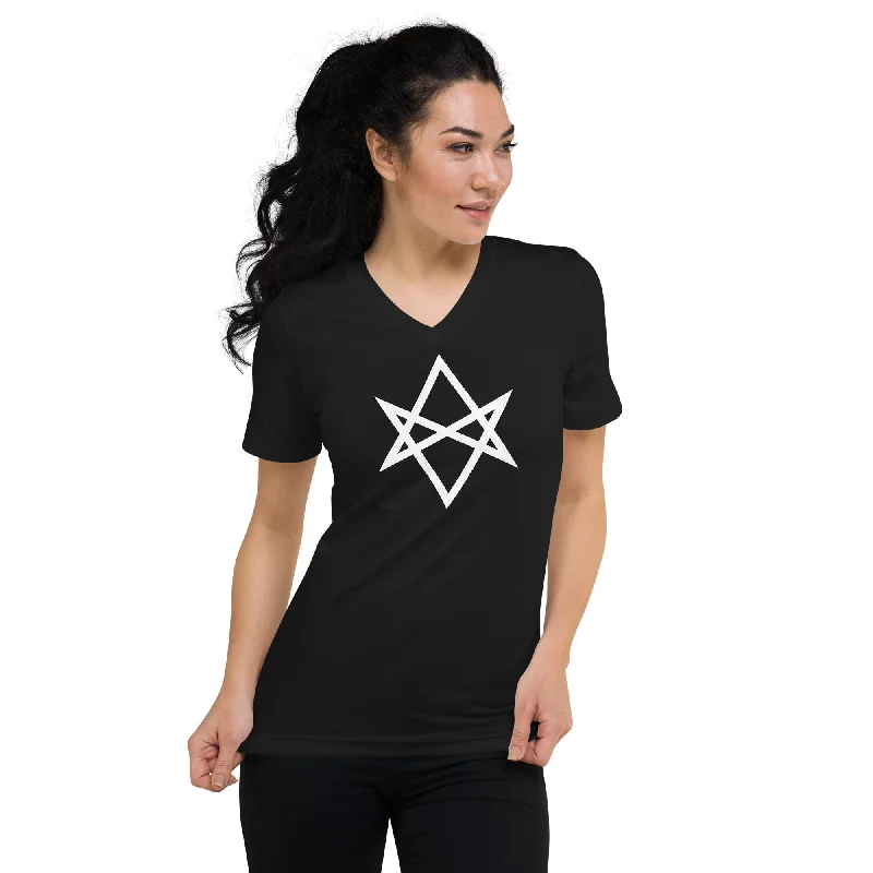 White Unicursal Hexagram Six Pointed Star Women’s Short Sleeve V-Neck T-Shirt Seamless Knitted Crochet White Unicursal Hexagram Six Pointed Star Women’s Short Sleeve V-Neck T-Shirt Seamless Knitted Crochet