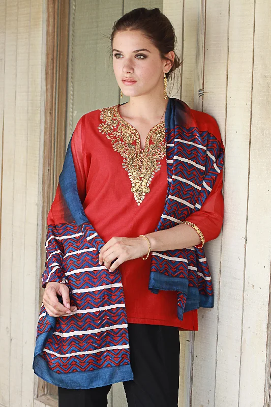 Bengali Festival in Cinnabar Hand Woven Cinnabar Azure Geometric Silk Shawl from India Cozy Chunky Knit Shawl Bengali Festival in Cinnabar Hand Woven Cinnabar Azure Geometric Silk Shawl from India Cozy Chunky Knit Shawl