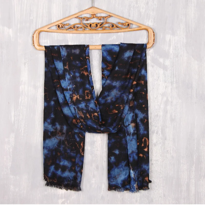 Blissful Fusion in Blue Blue and Caramel Viscose Shawl Crafted in India Trendy Long Knit Shawl Blissful Fusion in Blue Blue and Caramel Viscose Shawl Crafted in India Trendy Long Knit Shawl