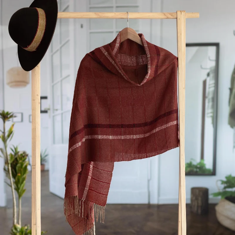 Burgundy Windowpanes Handwoven Patterned Burgundy and Brown Baby Alpaca Shawl Cozy Fleece Shawl Scarf Burgundy Windowpanes Handwoven Patterned Burgundy and Brown Baby Alpaca Shawl Cozy Fleece Shawl Scarf