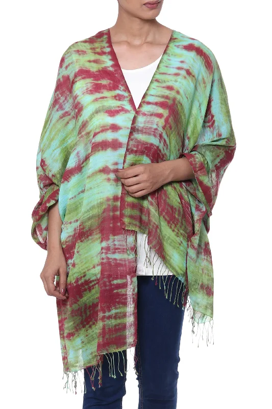 Cosmic Waves Red Green and Aqua Tie-Dyed Cotton Shawl with Fringe Comfortable Plaid Shawl Wrap Cosmic Waves Red Green and Aqua Tie-Dyed Cotton Shawl with Fringe Comfortable Plaid Shawl Wrap