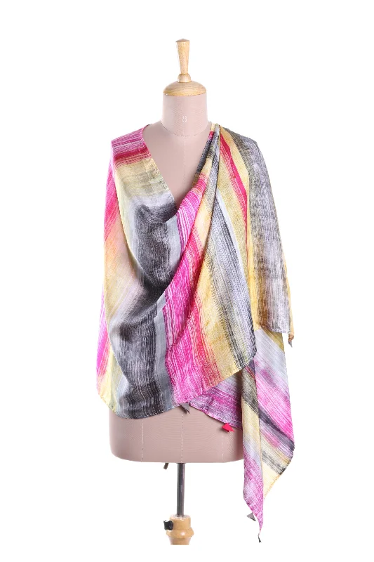 Dramatic Day Fuchsia and Multi-Color Striped Hand Printed 100% Silk Shawl Warm Wool Shawl Cape Dramatic Day Fuchsia and Multi-Color Striped Hand Printed 100% Silk Shawl Warm Wool Shawl Cape