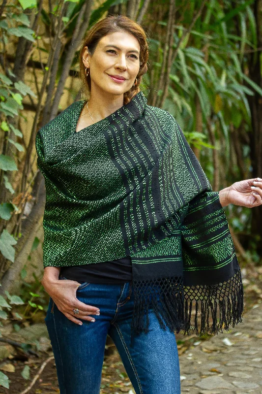 Evening Drama Green on Black Handwoven Fringed Mexican Rebozo Shawl Lightweight Summer Shawl Evening Drama Green on Black Handwoven Fringed Mexican Rebozo Shawl Lightweight Summer Shawl