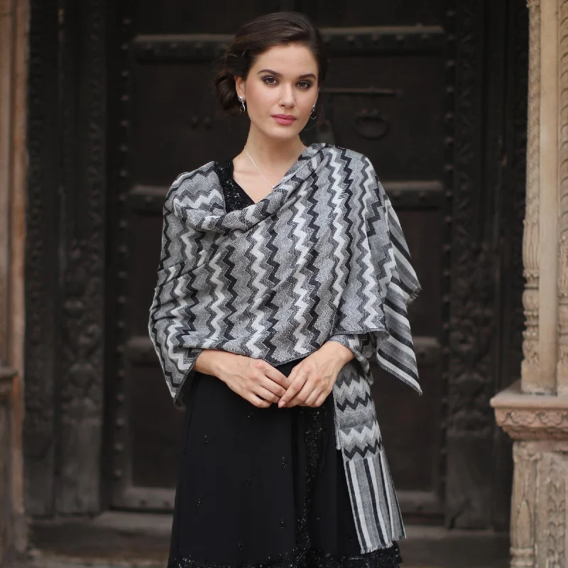 Grey Delight Hand Woven Wool Shawl from India in Grey, Black, and White Warm Cashmere Shawl Scarf Grey Delight Hand Woven Wool Shawl from India in Grey, Black, and White Warm Cashmere Shawl Scarf