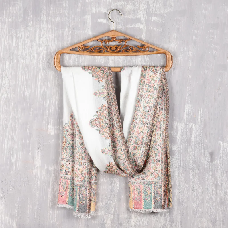 Mughal Fresco Modal Woven Shawl White with Multicolored Motifs Soft Cashmere Shawl Wrap Mughal Fresco Modal Woven Shawl White with Multicolored Motifs Soft Cashmere Shawl Wrap