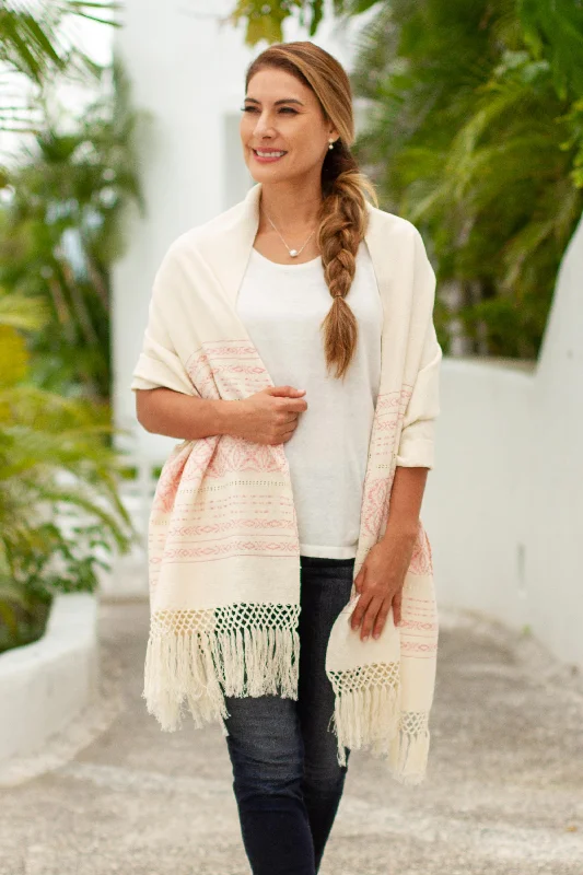 Pink Stars of Teotitlan Pink and Creamy Cotton Handwoven Zapotec Shawl Trendy Knitted Shawl Wrap Pink Stars of Teotitlan Pink and Creamy Cotton Handwoven Zapotec Shawl Trendy Knitted Shawl Wrap