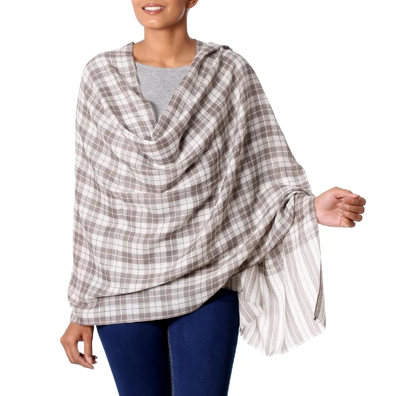 Salient Paths Wool Shawl from India Grey Checkered Pattern over Cream Lightweight Silk Shawl Salient Paths Wool Shawl from India Grey Checkered Pattern over Cream Lightweight Silk Shawl