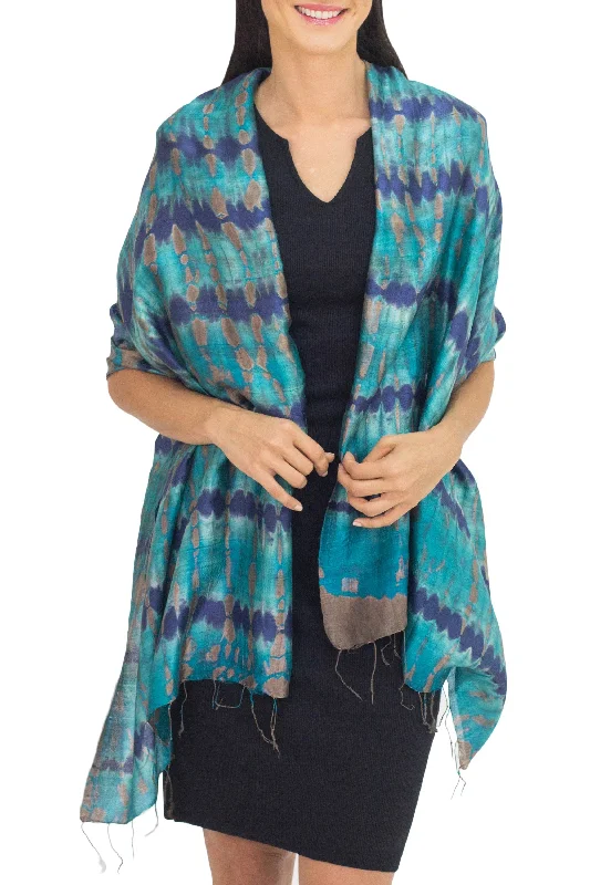 Teal Reflecting Pools Thai Artisan Crafted Teal and Blue Tie Dyed Silk Shawl Stylish Fringed Shawl Cape Teal Reflecting Pools Thai Artisan Crafted Teal and Blue Tie Dyed Silk Shawl Stylish Fringed Shawl Cape
