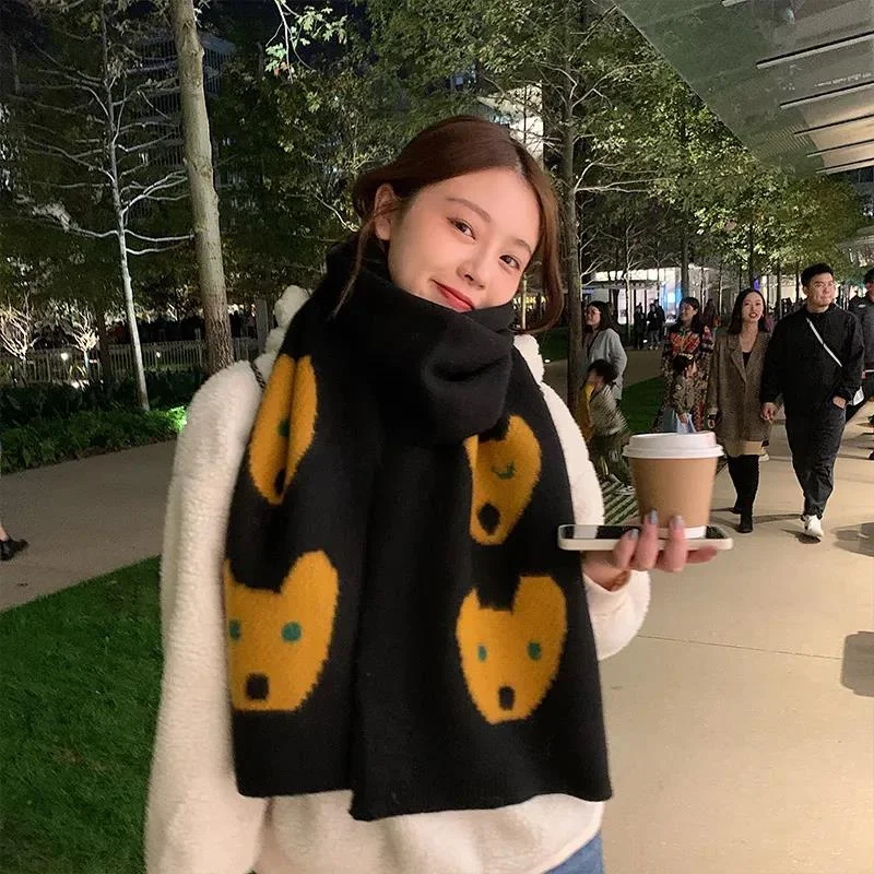 Autumn and Winter Korean Printed Knitted Wool Scarf Thickened Warmth and Long Scarf Shawl Cozy Knit Shawl Cape Autumn and Winter Korean Printed Knitted Wool Scarf Thickened Warmth and Long Scarf Shawl Cozy Knit Shawl Cape