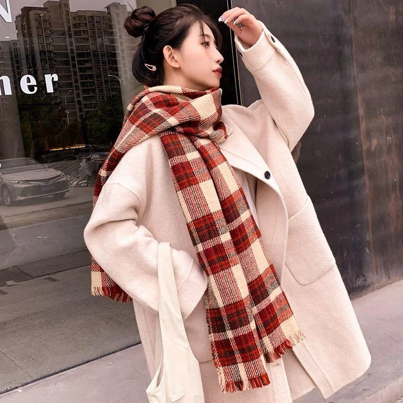 Autumn and Winter Ladies Scarf Retro Red Plaid Scarf Thick Korean Version of Tassel Scarf Shawl Cozy Fleece Shawl Wrap Autumn and Winter Ladies Scarf Retro Red Plaid Scarf Thick Korean Version of Tassel Scarf Shawl Cozy Fleece Shawl Wrap