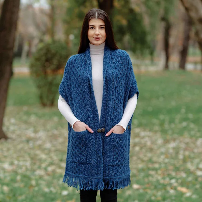 Women's Cable Pattern Pocket Shawl, Marl Blue Comfortable Plaid Shawl Wrap