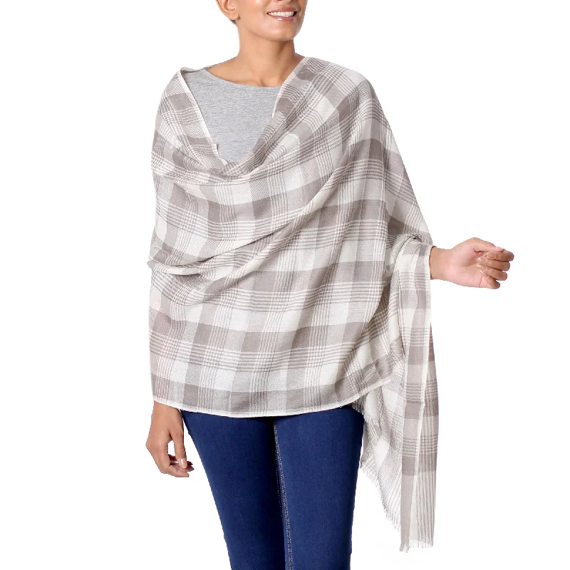 Checkered Grace Wool Taupe Checkered Pattern Traditional Shawl from India Soft Pashmina Shawl Wrap Checkered Grace Wool Taupe Checkered Pattern Traditional Shawl from India Soft Pashmina Shawl Wrap