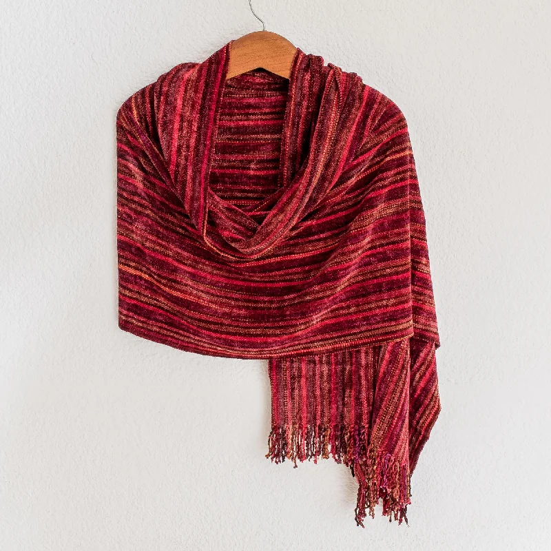 Crimson Fantasy Guatemalan Handcrafted Rayon Chenille Shawl Elegant Silk Shawl Scarf Crimson Fantasy Guatemalan Handcrafted Rayon Chenille Shawl Elegant Silk Shawl Scarf