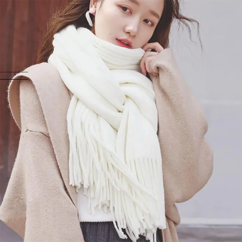 Ladies Scarf Winter Pure White Korean Version of Wild Thick Woolen Tassel Knitted Shawl Scarf Womens Soft Wool Shawl Wrap Ladies Scarf Winter Pure White Korean Version of Wild Thick Woolen Tassel Knitted Shawl Scarf Womens Soft Wool Shawl Wrap