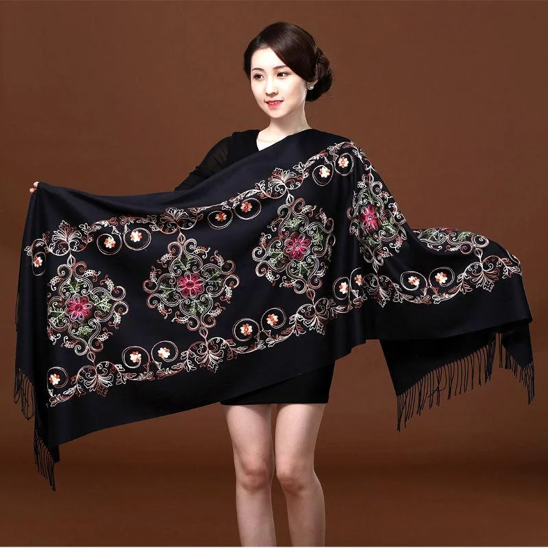Red Embroidered Scarf Female Ethnic Style Thick Double-sided Warmth Shawl Dual-use Autumn and Winter Wild Long Section Warm Knit Shawl Scarf Red Embroidered Scarf Female Ethnic Style Thick Double-sided Warmth Shawl Dual-use Autumn and Winter Wild Long Section Warm Knit Shawl Scarf