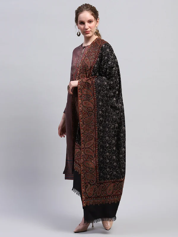 Women Black Self Design Shawl Trendy Embroidered Shawl Wrap