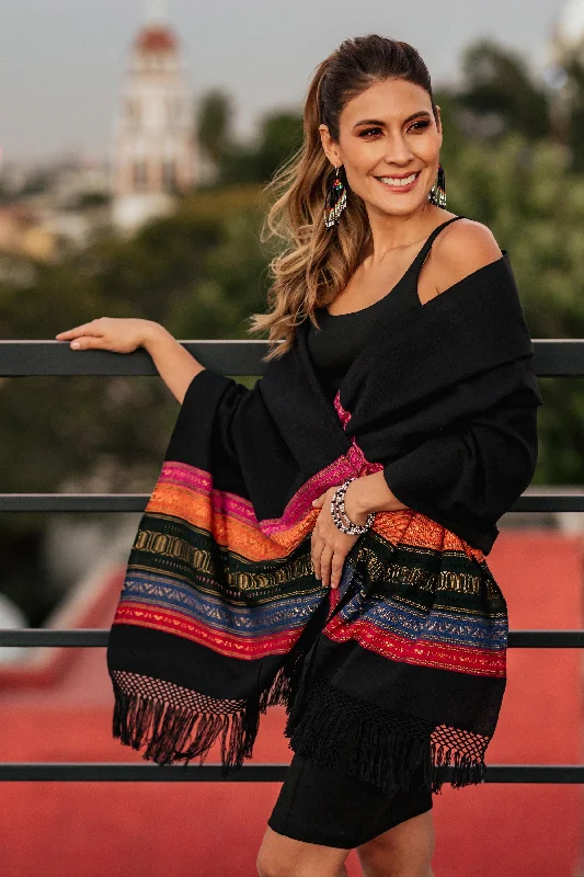 Zapotec Night Splendor Black Zapotec Rebozo Shawl with Colorful Geometric Stripes Fashionable Pashmina Shawl Zapotec Night Splendor Black Zapotec Rebozo Shawl with Colorful Geometric Stripes Fashionable Pashmina Shawl