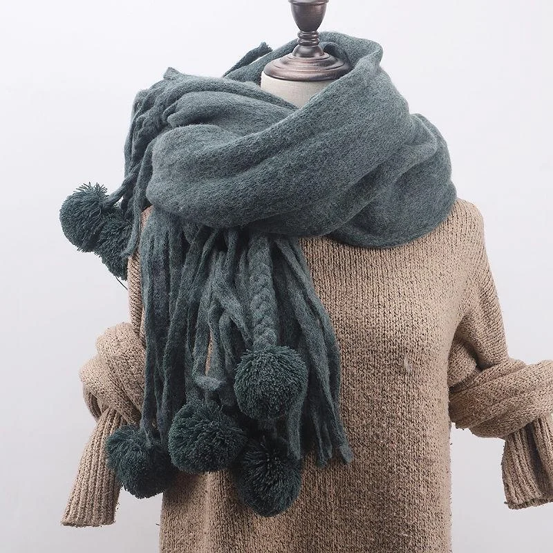Scarf Female Autumn and Winter Fur Ball Tassel Thick Warm Plaid Shawl Scarf Stylish Cashmere Shawl Cape Scarf Female Autumn and Winter Fur Ball Tassel Thick Warm Plaid Shawl Scarf Stylish Cashmere Shawl Cape